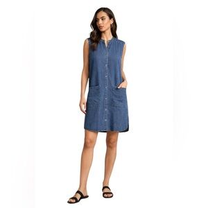 Eileen Fisher Denim Shift Dress Tencel Organic Cotton Button Front Pockets S